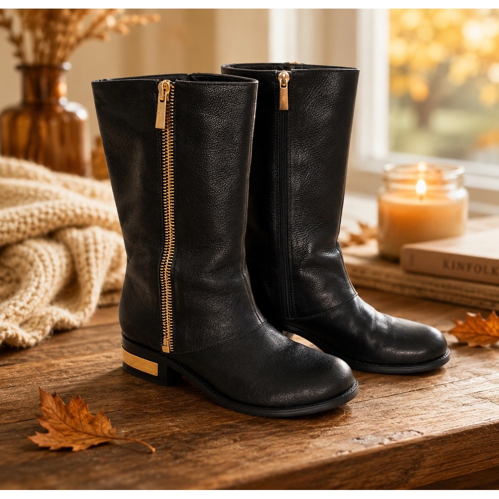 Chic Edgy Black Leather Mid Calf Moto Boots Gold Zip Hardware Biker Fall Sz 9.5